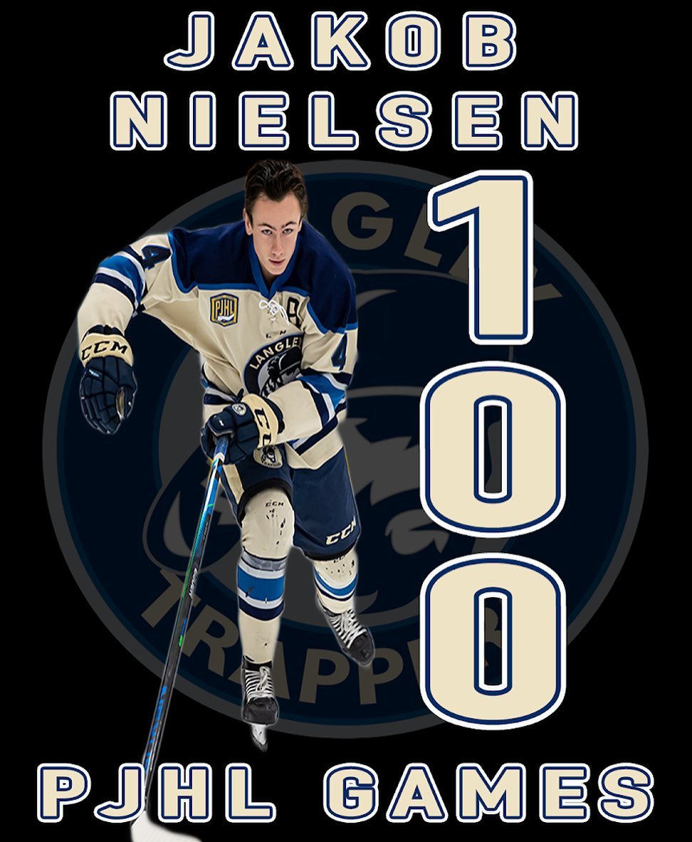 Congratulations to Langley Trappers defenseman Jakob Nielsen @jjakenielsen who will play his 100th Pacific Junior Hockey League Game tonight versus the Surrey Knights. Jakob has appeared in games over the last 5 years and has been the teams Assistant Captain for the last 2. He has accumulated 1 Goal, 27 Assists, for 28 Points and 66 Penalties In Minutes over a 99 game span. He was also an instrumental piece in the teams Stonehouse, and Cyclone Taylor Cup Championships last season. 

Congratulations #4 Jakob Nielsen!!

Go Trappers Go!