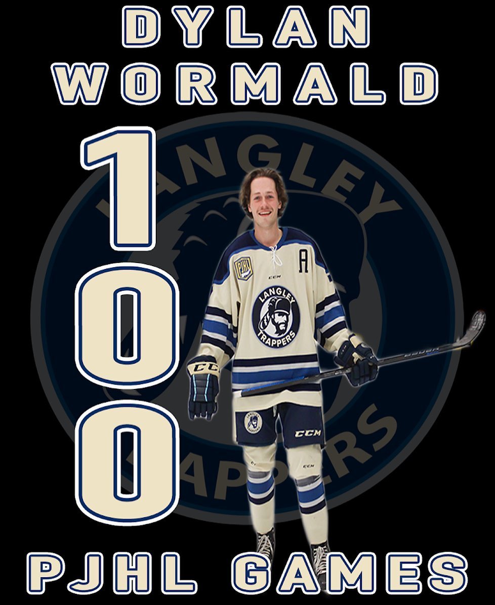 Congratulations to Langley Trapper Defenseman Dylan Wormald who will be playing his 100th Pacific Junior Hockey League game tonight versus the Port Moody Panthers. Wormald has accumulated 15 goals and 42 Assists for 57 Points over 5 seasons in the League. He has also accumulated 26 games played in the @bchockeyleague tallying 3 Assists bringing his junior game total to 127. 

Congratulations Dylan Wormald! 

Go Trappers Go!