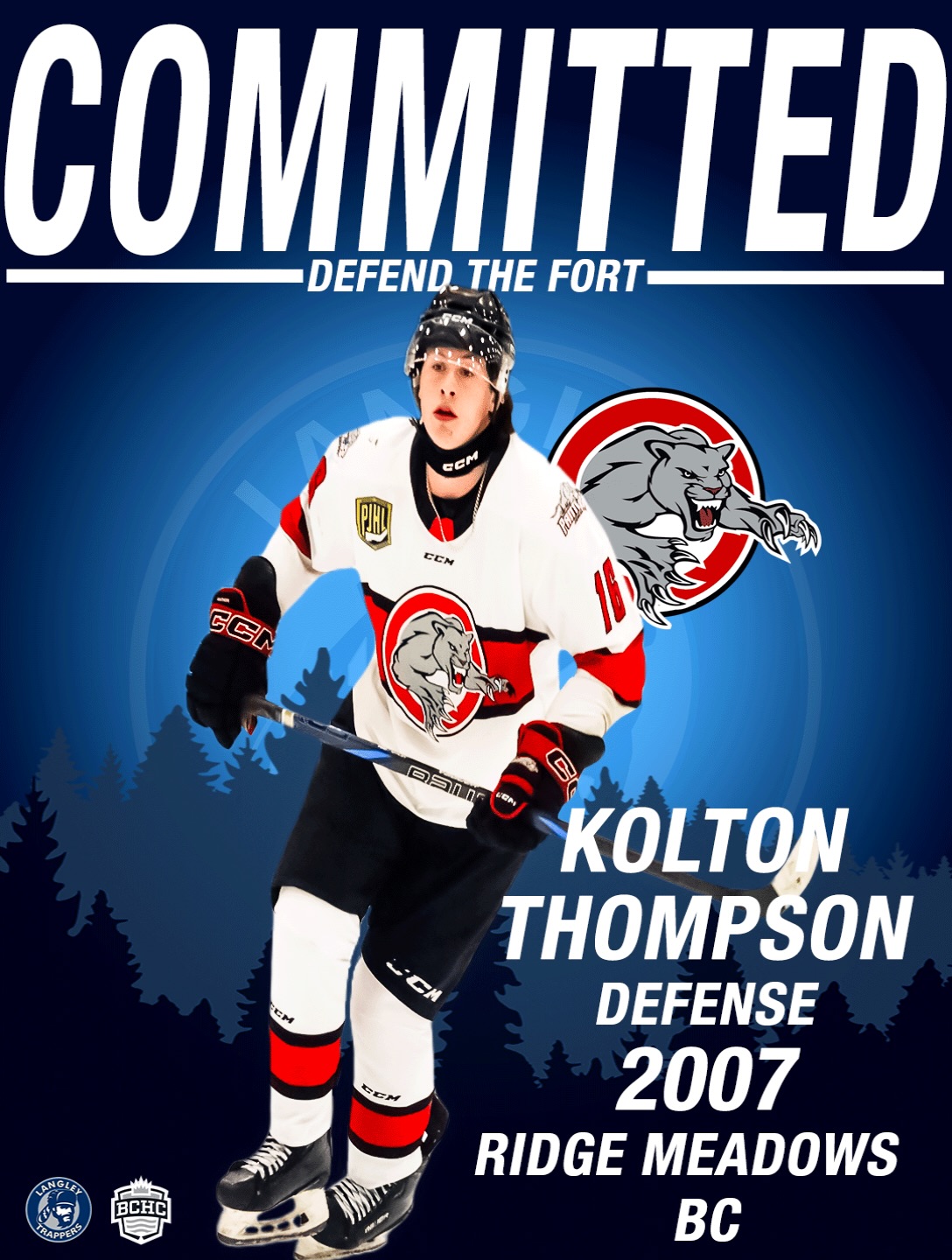 The Langley Trappers are proud to announce the commitment of Kolton Thompson (Defence-2007). Thompson has 93 Junior games played between the Port Moody Panthers and Abbotsford Pilots of the PJHL. Thompson played his minor hockey for the Ridge Meadows Rustlers Minor hockey Association.

Kolton is a welcomed addition to the team and we are excited to see him in the Trappers Cream and Blue this season.

Go TRAPPERS Go!

#defendthefort #rolltrapps #trapphouse