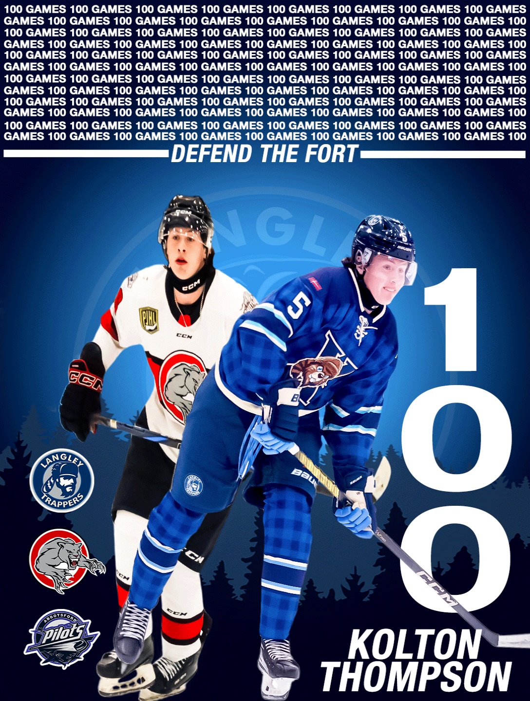 The Langley Trappers congratulate Kolton Thompson on playing his 100th Junior Hockey game last Wednesday versus the Coastal Tsunami. 

Thompson has played in the PJHL for the Port Moody Panthers and Abbotsford Pilots and in the BCHC for the Langley Trappers. 

Congrats Kolton! 

Go TRAPPERS Go! 

#defendthefort #rolltrapps #trapphouse

📸 @lucas.clayton.photography