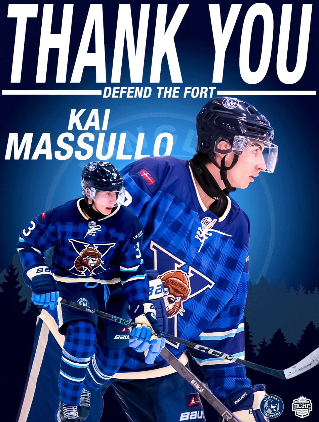 The Langley Trappers wish to thank Kai Massullo for his time on the Trappers this season. 

Kai is a hard working dedicated athlete loved by his teammates and staff. 

Best of luck, Kai, the rest of the season and the rest of the school year at SFU!

Thank you!