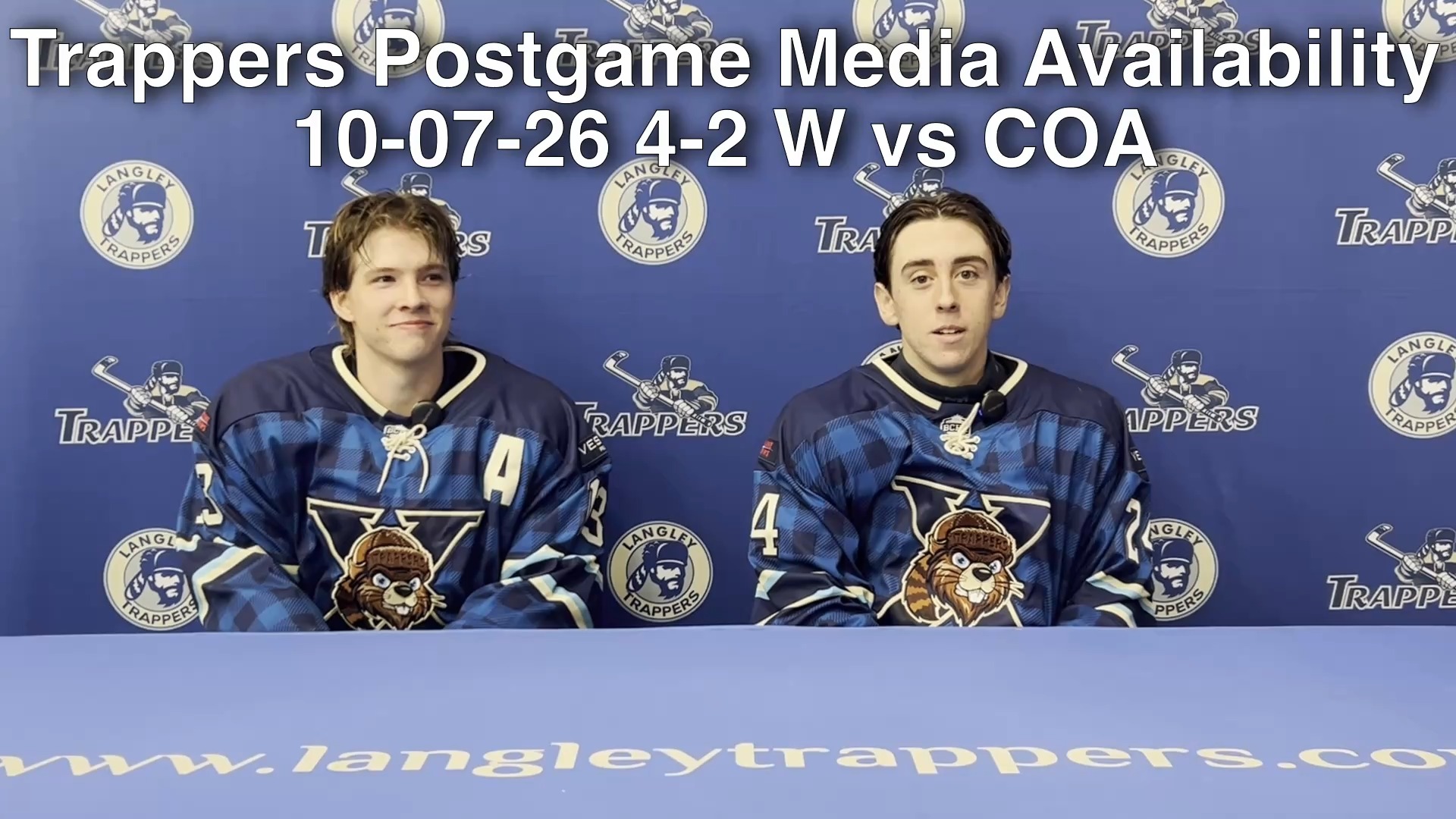 Trappers forward Ian Burns and defenceman Brett Tomlin meet with the media to discuss the Trappers' big win against the Coastal Tsunami on Wednesday 

The Trappers' next home game is Oct. 14th at the George Preston Recreation Centre against the Richmond Sockeyes. Puck drop is set for 7pm!

Go TRAPPERS Go!