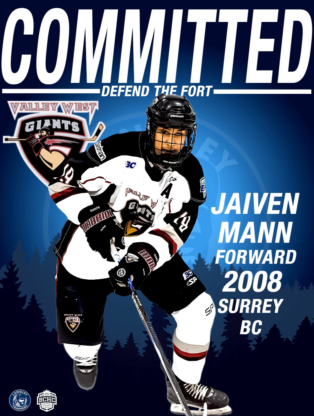 The Langley Trappers are proud to announce the commitment of Jaiven Mann (Forward-2008). Mann joins the squad from the BCEHL Valley West Giants U18 team. Mann is a high skilled, intelligent playmaker who plays the game at a pace.

 Jaiven is a welcomed addition to the team and we are excited to see him in the Trappers Cream and Blue this season.

Go TRAPPERS Go!

#defendthefort #rolltrapps trapphouse