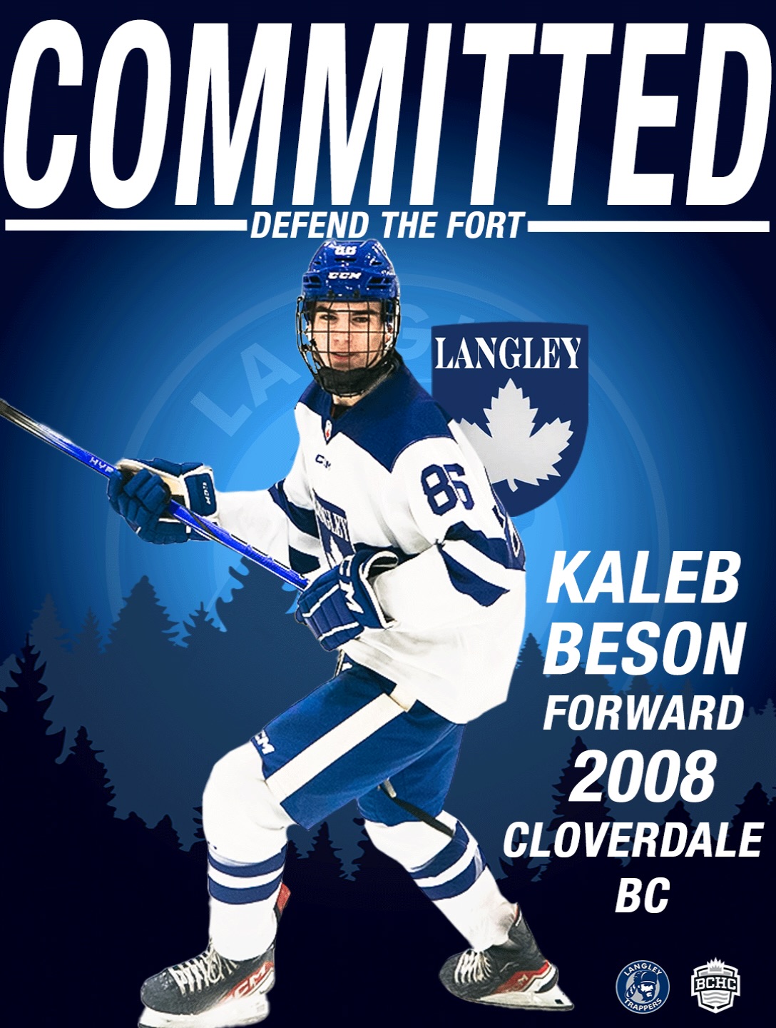 The Langley Trappers are proud to announce the commitment of Kaleb Beson (Forward-2008). Beson joins the Trappers after two years with Langley Hockey Academy of the JPHL. Beson grew up playing for the Cloverdale Minor Hockey Association. Beson is a solid player all around the ice. He has a knack for finding loose pucks and creating opportunities from transitions. We hope he scores many goals this season. 

Kaleb has been a Trapper prospect for a few years and we are excited to see him in the Cream and Blue this season.

Go TRAPPERS Go!

#defendthefort #rolltrapps #trapphouse